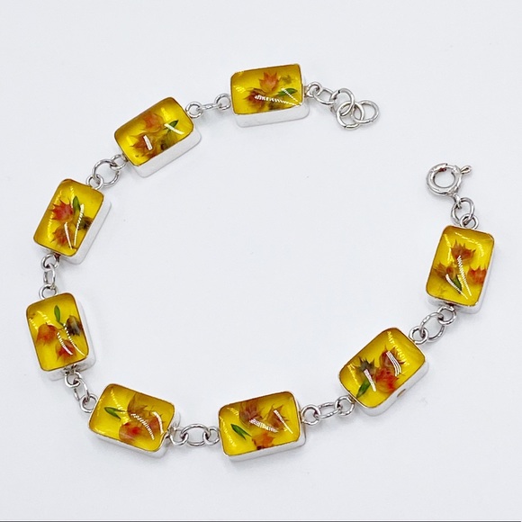 Vintage Sterling Silver Natural Flowers Set In Resin Link Bracelet - Picture 4 of 8